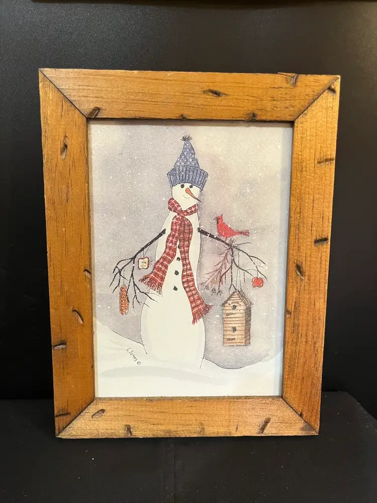 Framed Print-Signed L Spivey-Features a Snowman w/ a Cardinal & Bird House