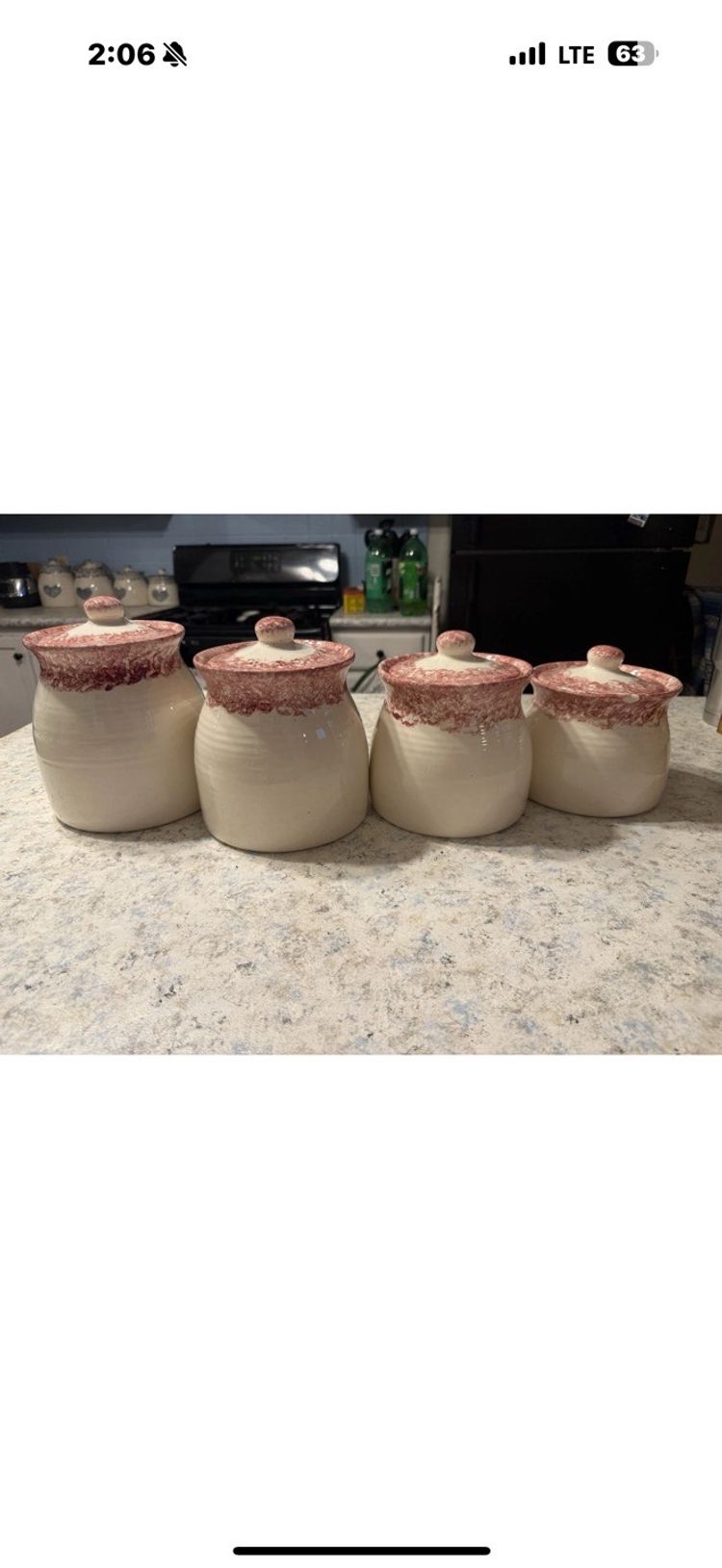 Handmade VTG  pottery/crock/ canister set: white with pink sponge heart design