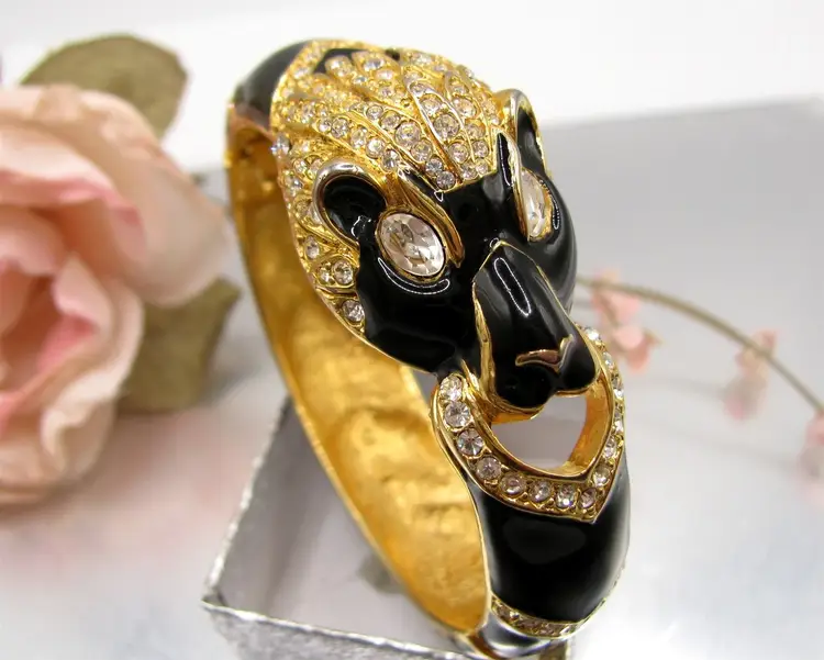 GIORGIO Black Panther Rhinestone Hinged Bangle Vintage Leopard Bracelet
