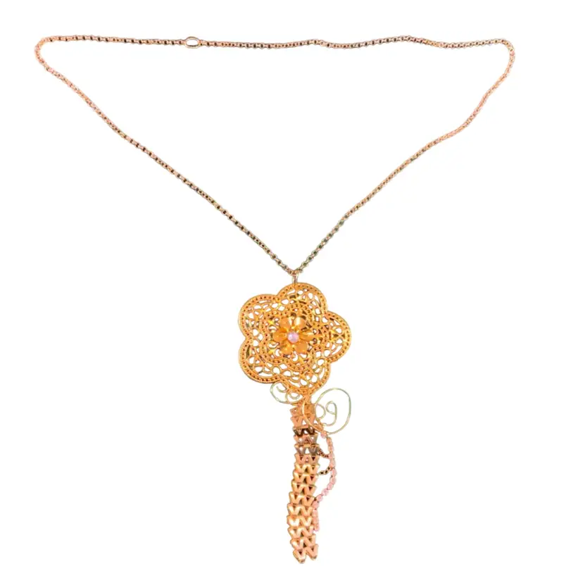 Handcrafted Costume Jewelry Necklace Glass Rhinestone Beads Gold  Tone Flower Dangle Braided Chain Pendant And Chain