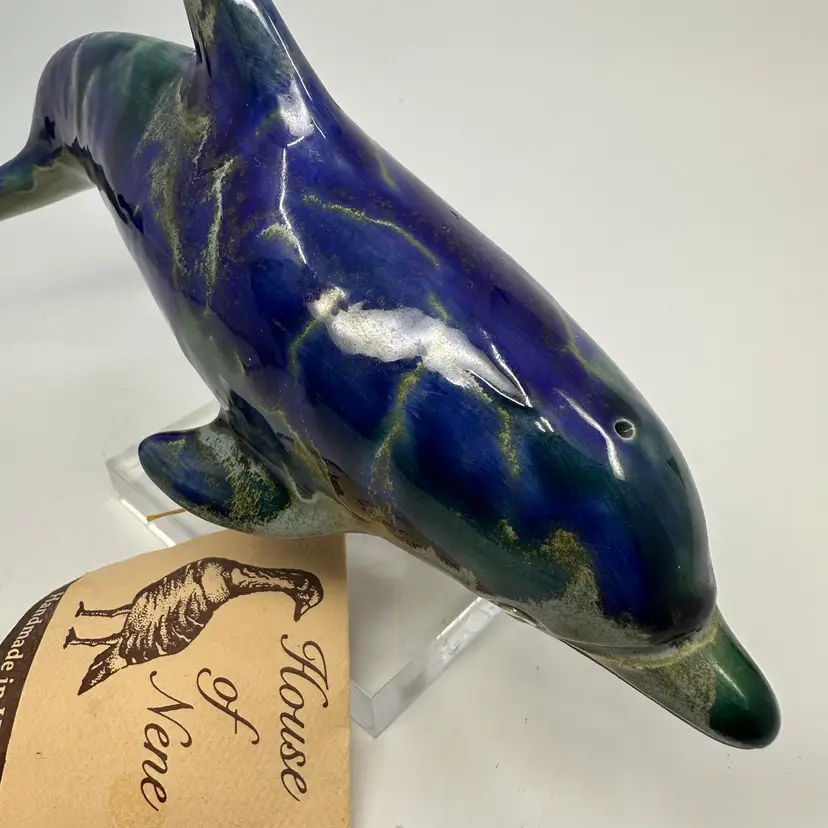 House Of Nene Ceramic Bottle Nosed Dolphin With Drip Glaze On Acrylic Base