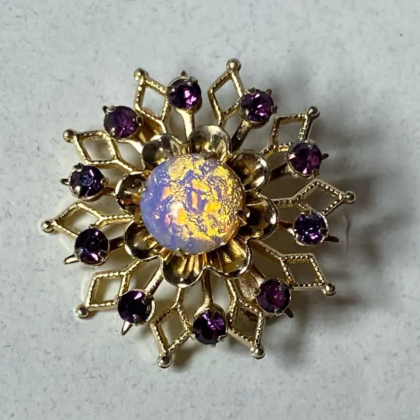1” Gold Tone Purple Rhinestone Opalite Pin Brooch