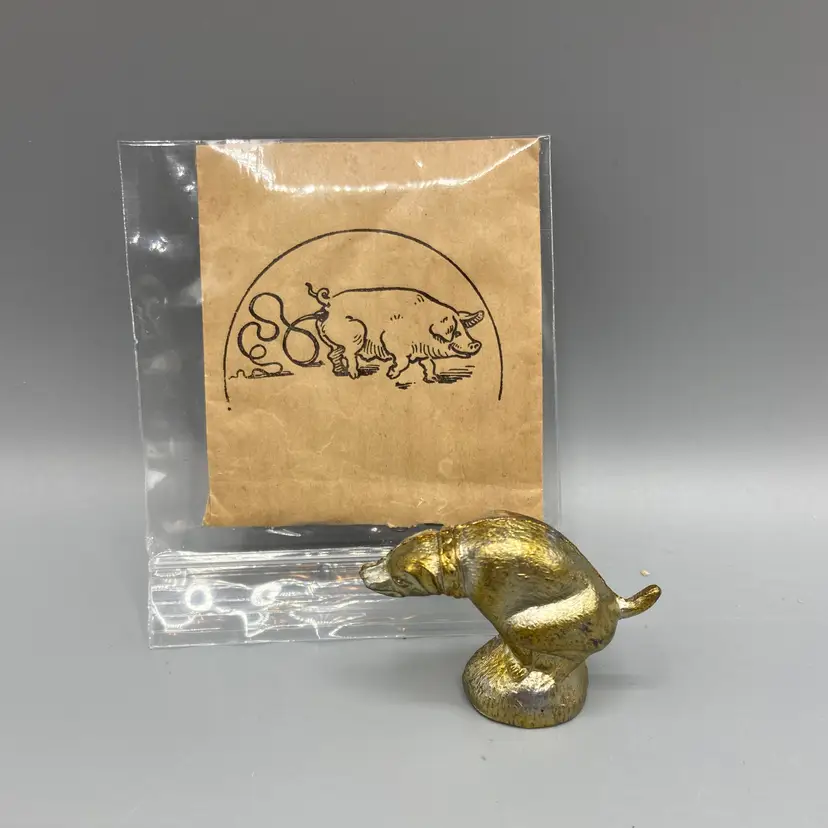 Vintage 1930's Cast Metal Pooping Dog Toy with Rare Original Package with 3 Snakes