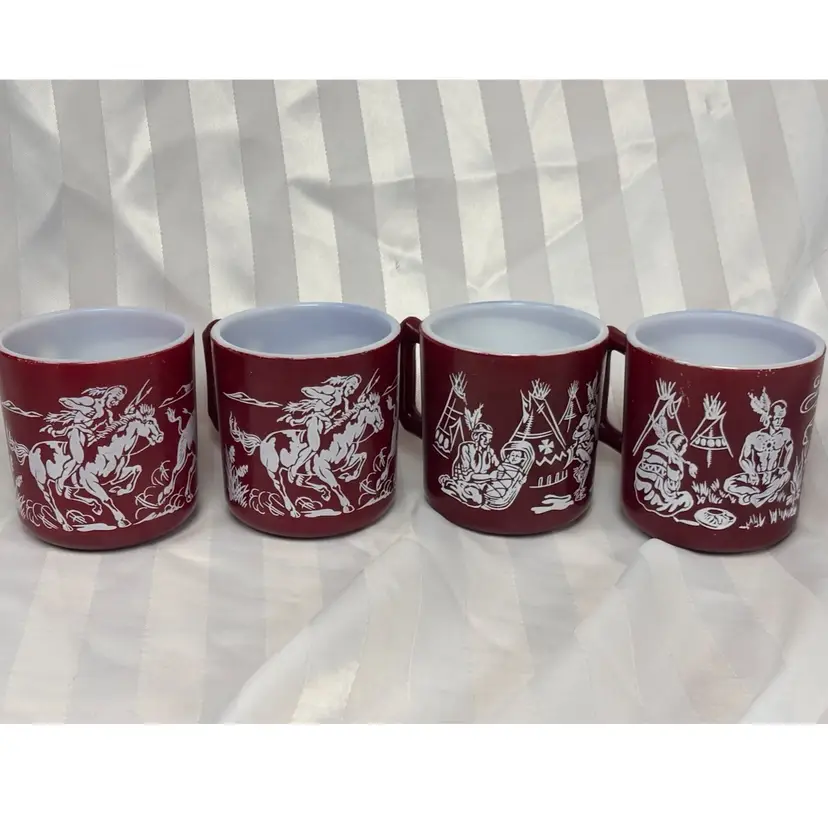 Vintage Hazel Atlas Native American Milk Glass Red Maroon Childrens Mugs set of 4, 1950s