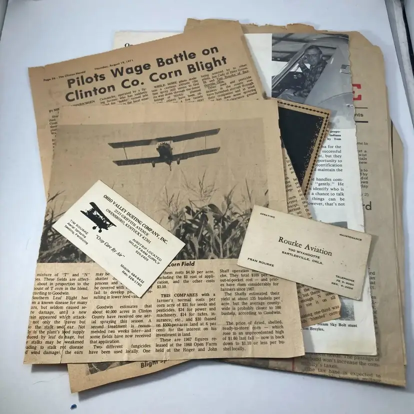 Vintage Aviation Newspaper Clippings and Business Cards Collection