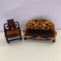 Mid-century Asian Dragon Themed Wood Doll Furniture Sofa and Chair