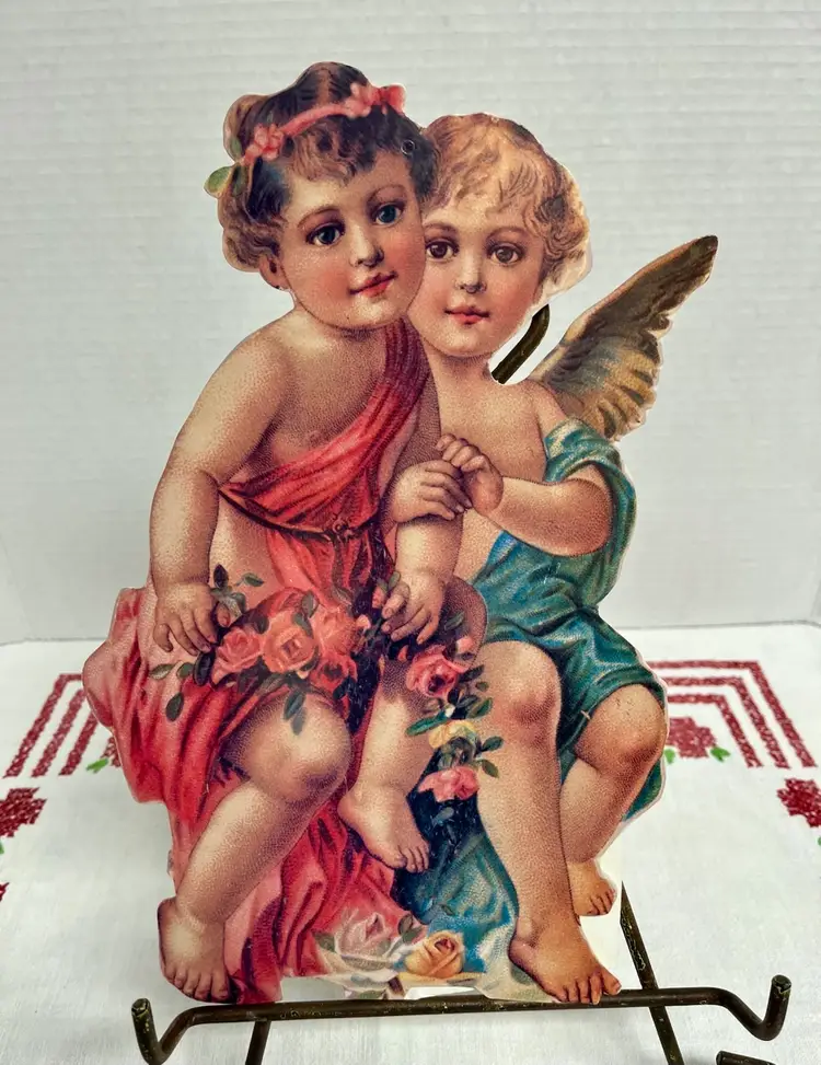Old Print Factory Vintage Reproduction Of Victorian Valentines Cherubs Angels Floral , Folding Fan