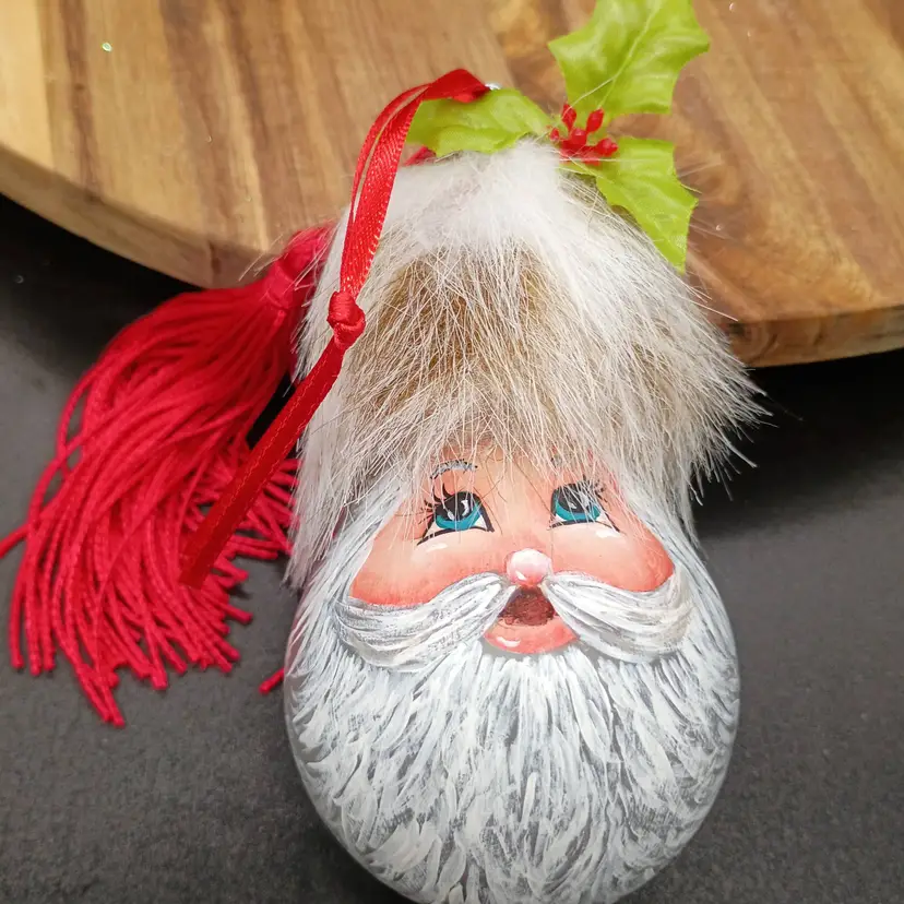 VINTAGE Hand Crafted Folk Art Gourd Santa Ornament Signed Cheri 2001 .