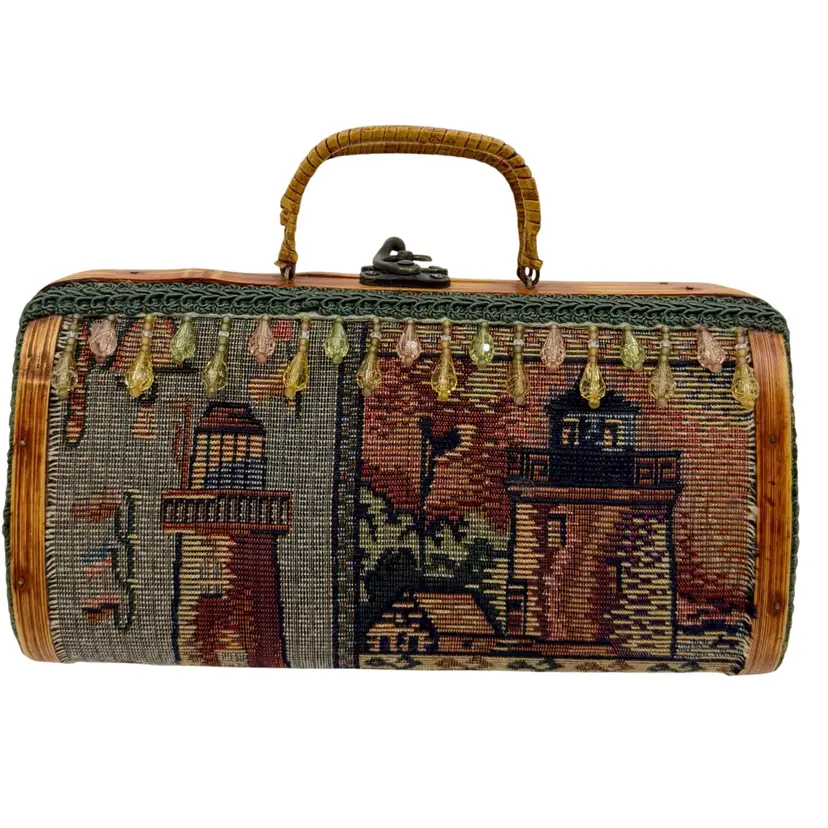 Vintage NOS 1970s Bamboo Slat Box Purse Industrial Lighthouse Tapestry Green/Amber/
Burgandy
9” x 4”