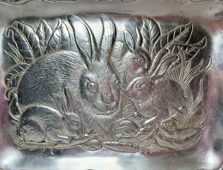 Vintage 1990 XL Arthur Court Bunny Rabbit Garden Friends Aluminum Serving Tray Cottagecore