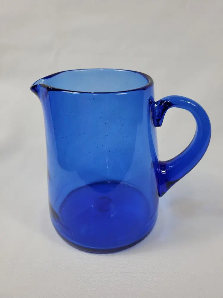 Vintage Handblown Cobalt Blue Art Glass Pitcher W/ Applied Handle 4.75"
