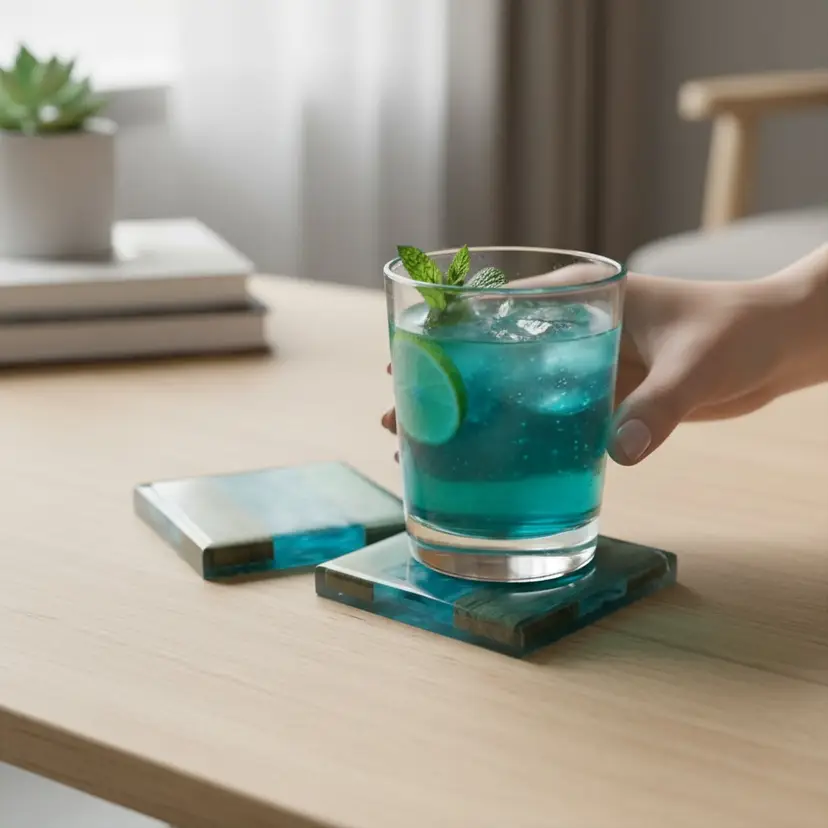 Teal Ocean Resin and Blue Pine Wood - 2 Chunky "floating" style Coaster Set