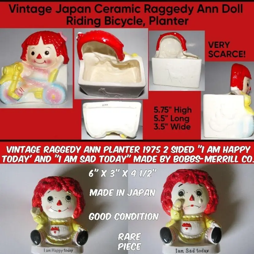 Raggedy Ann, Vintage 1970s Happy/Sad & Tricycle Ceramic Planters Lot, RARE