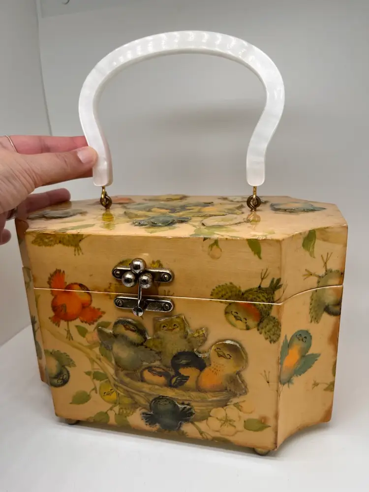Vintage 1960s Decoupage Wooden Box Handbag Lucite Handle- signed by artist