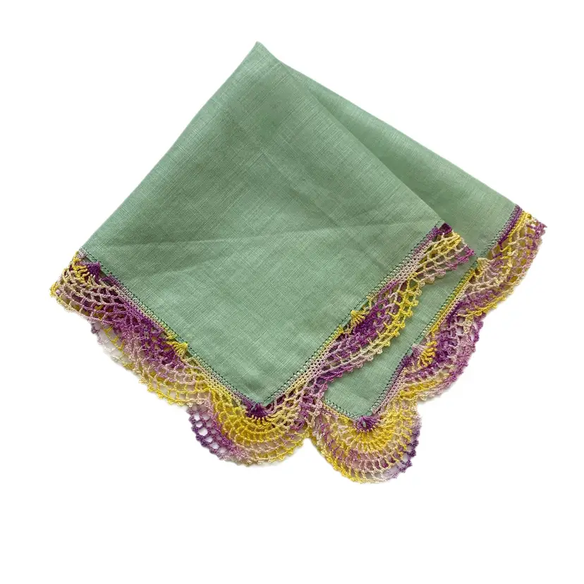 Green Linen Bridesmaid Wedding Handkerchief Crocheted Lace Cottage Core Granny Vintage