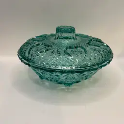 Vintage Aqua Green Blue 7"x4" Glass Candy Nut Dish Bowl w/ Lid Hearts Indonesia