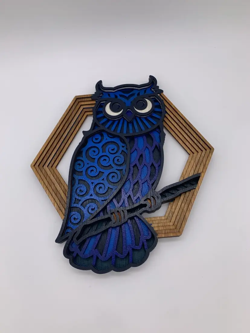 GD Clink Carvings 3D Wood Carved Layered Blue Wall Hanging Owl 12” Handcrafted