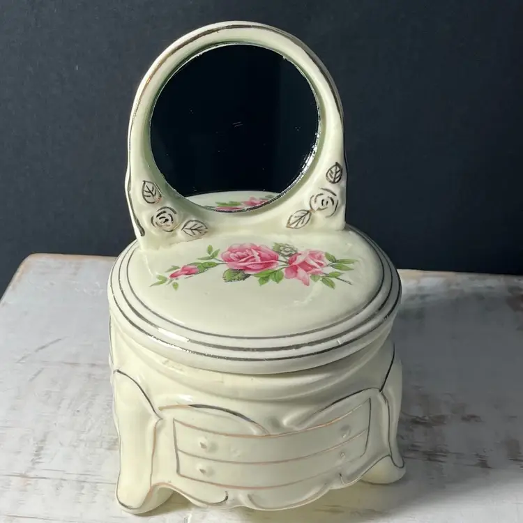 VTG Victorian Style Ceramic Vanity Trinket Box W/mirror-Ivory Colored w/pink Roses and Gold Trim
