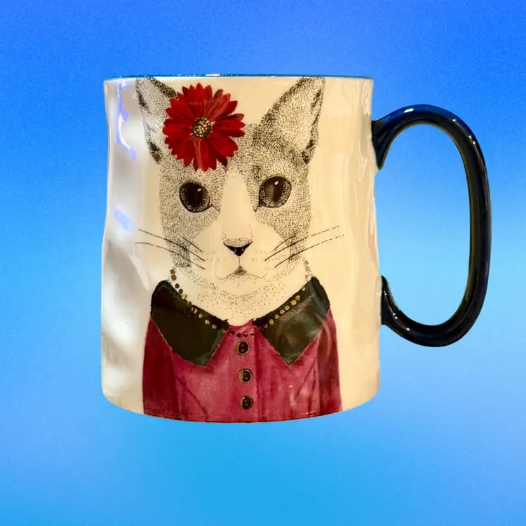 Signature Housewares Hipster Cat Fashionista Kitty with Flower 14oz Coffee Mug