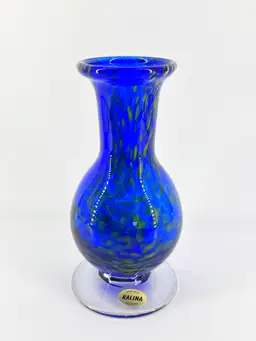 Cobalt Blue & Yellow 8.25" Mottled Kalina Art Glass Vase Handmade In Poland