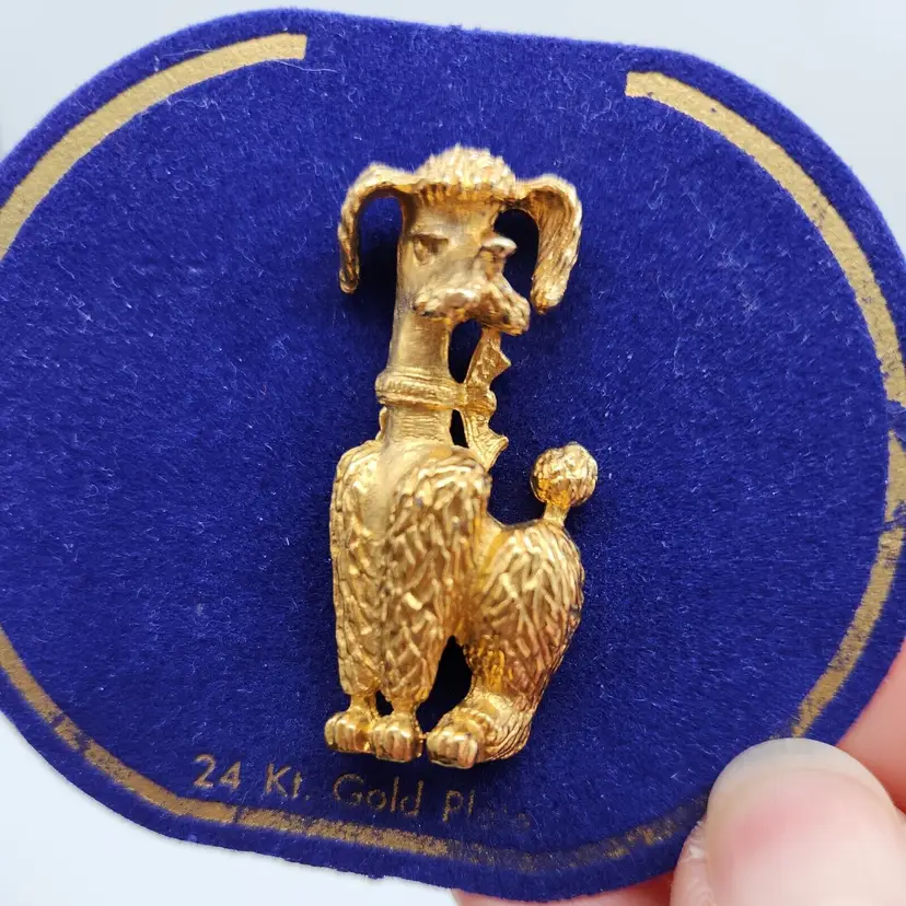 PAIR 24 Kt Gold Plate Standing French Poodle Pins Original Cards Unmarked Bow