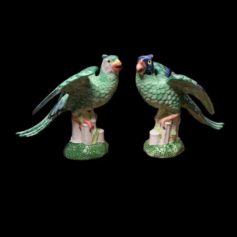 Pair Of Two Italy Chelsea House Green Parrot Bird Ceramic Figurine 8.25” Tall