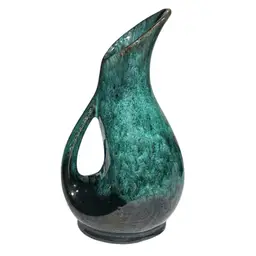 Evangeline Pottery Canada MCM Ewer Vase Teal Drip Glaze 6.75”