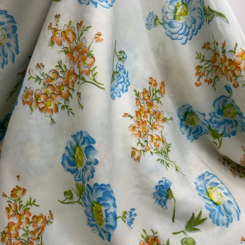 Vintage Fabric Polyester Blue Green Peach Yellow/gold Design.  9 1/2 Ft X 5 3/4 Ft