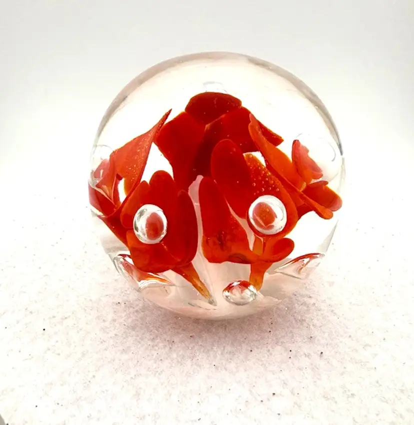 Vintage Joe St Clair Orange Trumpet Flower Paperweight - 5 Flowers with White Filigree Base 2.5" x 2.5"