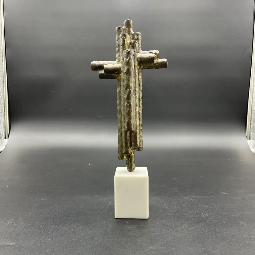 Metal Holy Cross Unique Brutalist Sculpture Marble Base Religious Easter