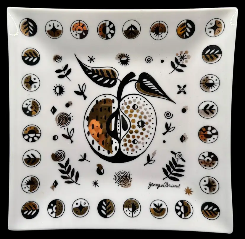 Vintage Georges Briard Glass Plate Forbidden Fruit Apple Gold White Black Square