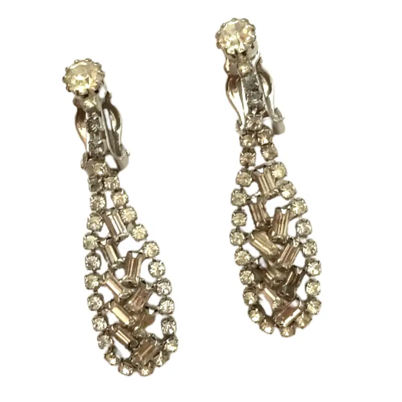 Vintage Teardop Rhinestone Earrings Art Deco Dangle Style Clear Baguette & Round