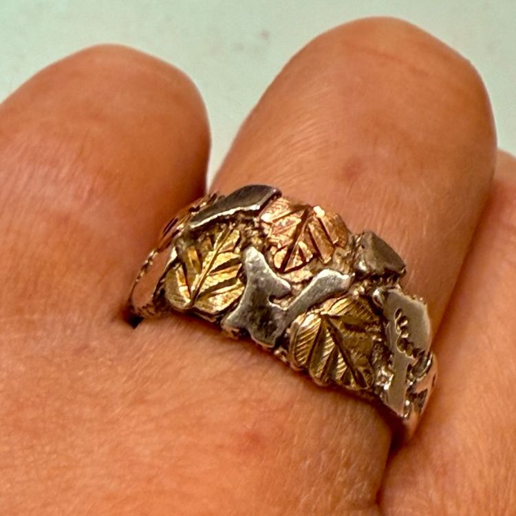 Vintage Black Hills Gold Sterling Silver Nugget Ring 14k Yellow & Rose Gold Leaves Size 10, 5.7g Tested