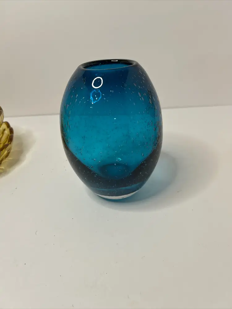 Bubble Glass Vase  Teal Color  Oval Shaped Heavy And Beautiful