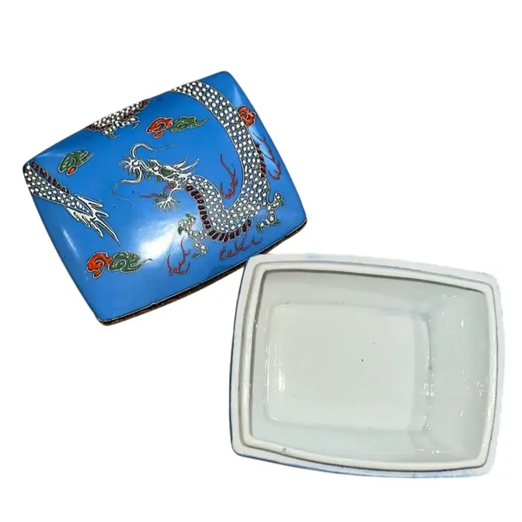 Vintage 1950s Large Blue Dragon Ware Dragonware Lidded Trinket Box Raised Enameled Painted Porcelain Japan Cigar Box?