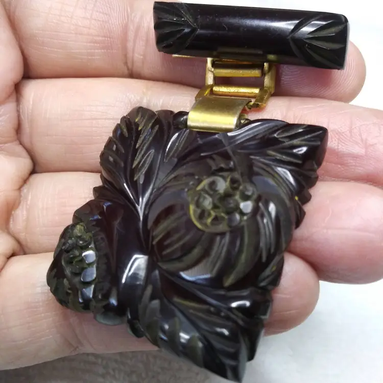 Antique Art Deco 1920s Dark Brown Bakelite Brooch 2.5" Gold Tone hardware