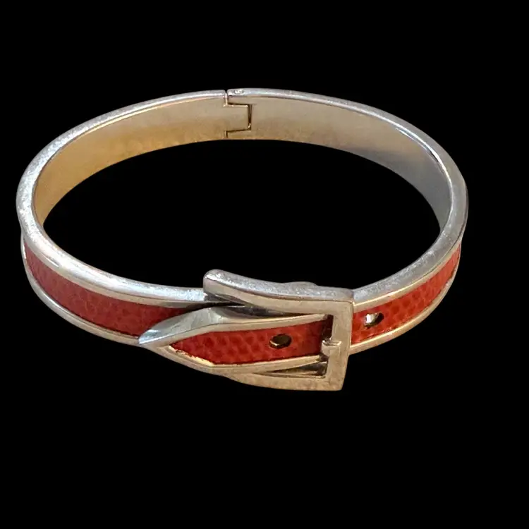 Red Faux Leather Silvertone Adjustable Buckle Bangle Bracelet