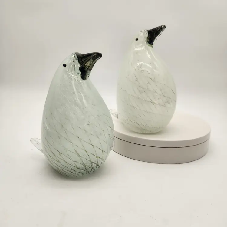 Glass Penguin Figurines Set of 2 Clear White Swirl Hand Blown Art Decor Vintage