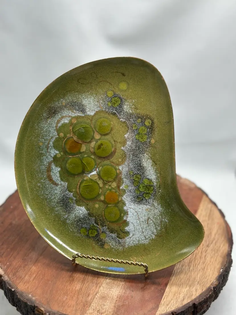 Vintage MCM Sasha Brastoff  Enamel Copper Kidney Grapes Signed Trinket Dish