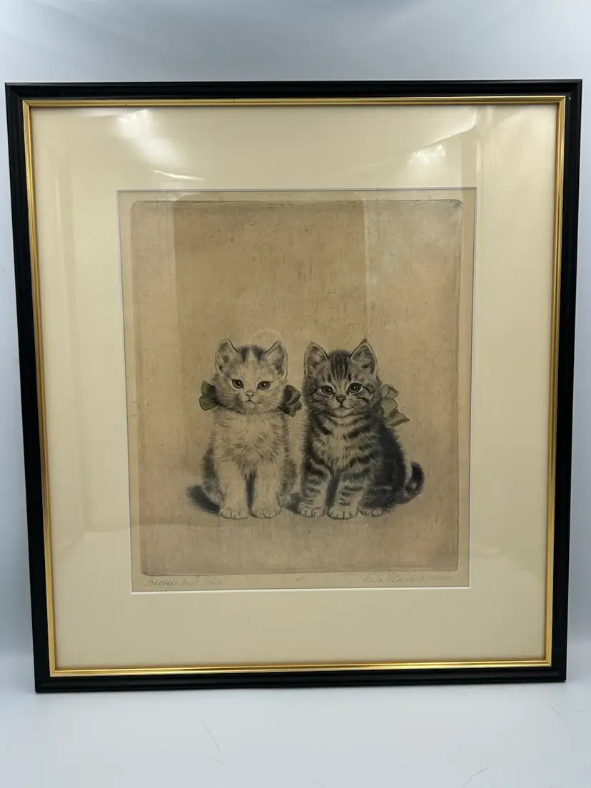 Vintage Meta Pluckebaum “ Brother And Sister” dry point etching framed artist signed