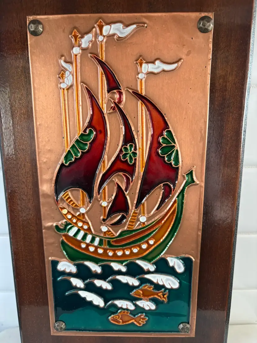Vintage Hand Crafted Enamel On Copper On Wood Art Plaque