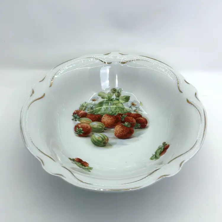 Bavarian Porcelain Fruit Bowl – Antique Germany, Gold Trim, Strawberry Motif, Scalloped Edge, Vintage Tableware (0190-25)