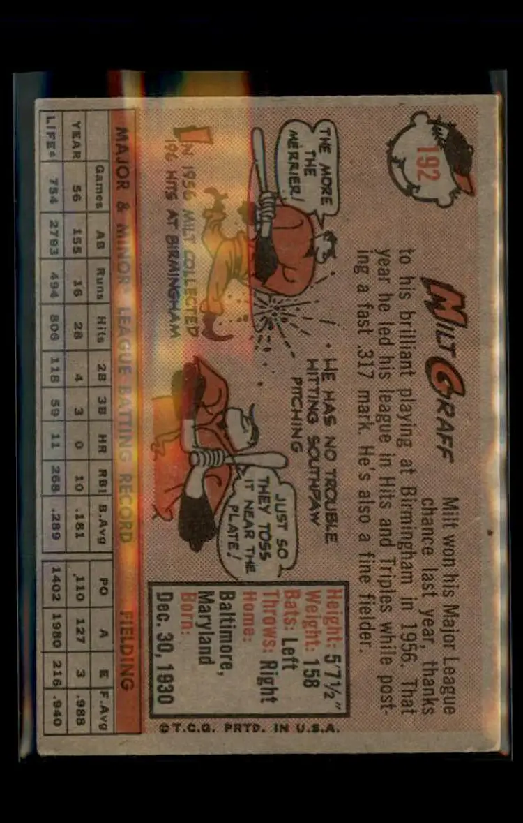 1958 Topps #192 Milt Graff - (pk4) - Kansas City Athletics