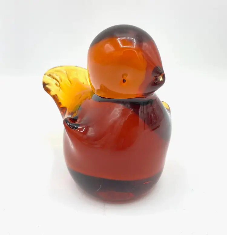 Vintage Viking Honey Amber Short Fat Bird, Blown Art Glass Paperweight, Pulled Wings Beak Tail, Hard to Find