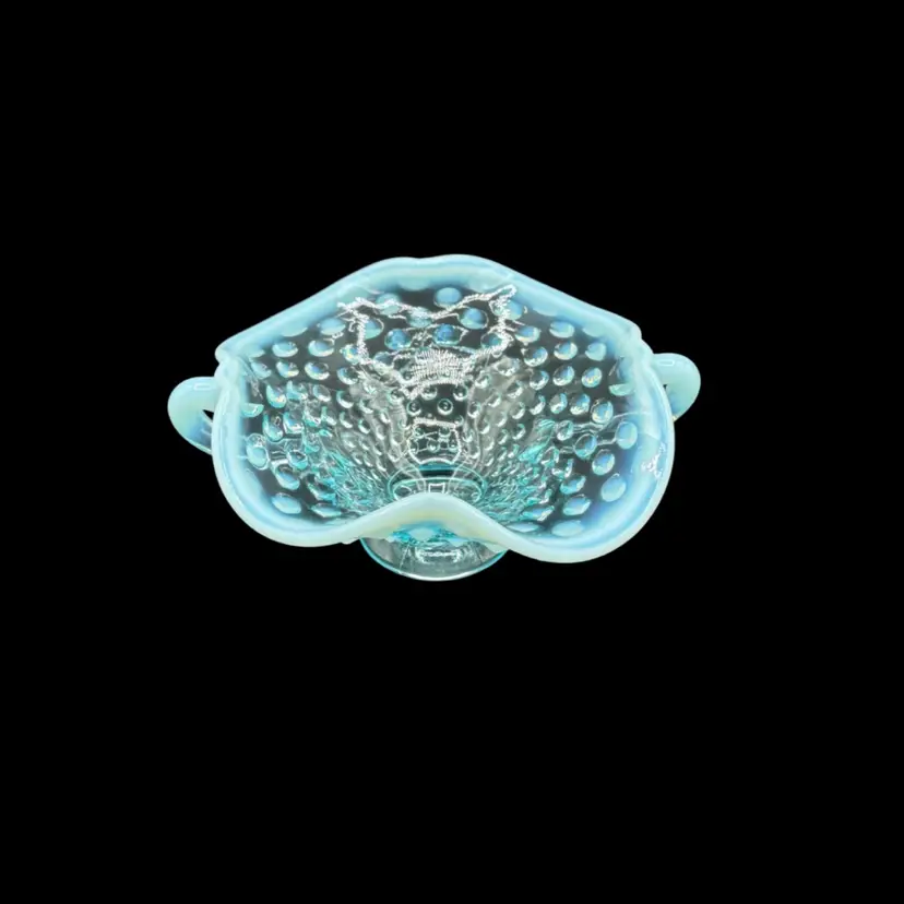 Fenton Blue Opalescent Hobnail Double Handle Nappy Dish