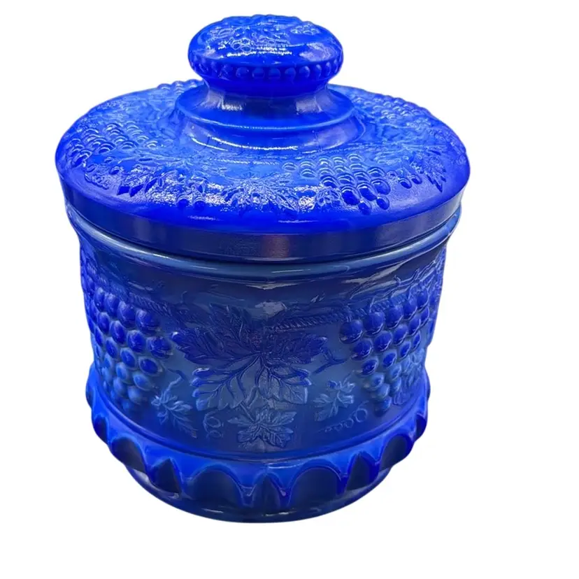 Vintage Fenton Blue Slag Glass Grape & Cable Tobacco Jar 5 Inches Tall