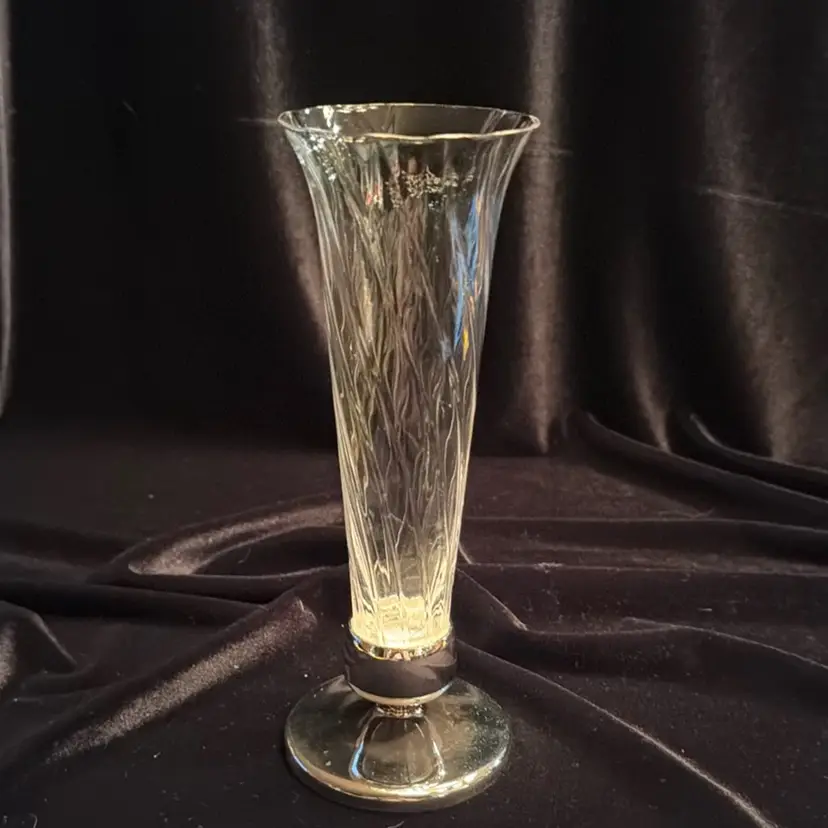 Mid-Century Textured Glass Bud Vase with Silver-Plated Base