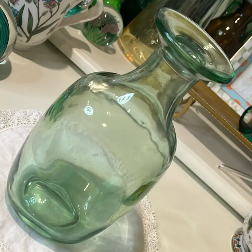 Vintage Green Glass Bourbon Decanter 8”