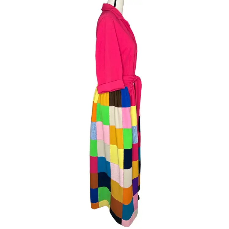 70’s Vintage Patchwork Double Knit Pink Multi Covered Button Maxi Dress M/L