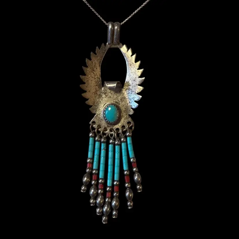 Native American C. Isaacs Thunderbird Sterling And Turquoise Pendant Necklace 20” Italian Box Chain